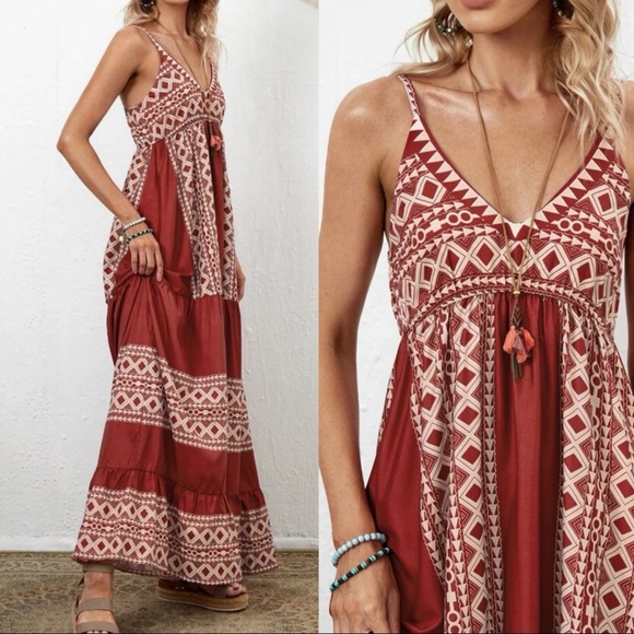 Bohemian Red casual Cami Maxi dress ruffle Luxe - Picture 2 of 3
